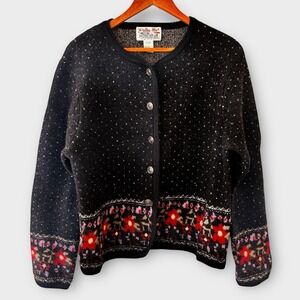 Vintage Tally Ho Wool Nordic Cardigan Sweater Womens Size L Floral Birds Eye